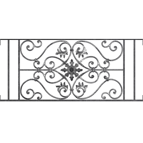 Appui de fenêtre type AF002 à visser dans votre tableau de fenêtre. Longueur finie de 1150mm et Hauteur finie de 502mm. Convient pour les tableaux de fenêtre de 1150mm. Main courante laminée de 1150mm de long en fer forgé sur le dessus. Motif au centre de 830mm de long par 480mm de haut. Le reste de la structure est en acier carré plein de 14mm de section.