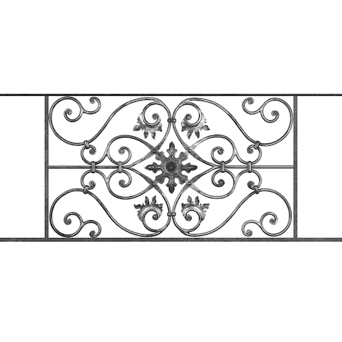 Appui de fenêtre type AF002 à sceller dans votre tableau de fenêtre. Longueur finie de 1160mm et Hauteur finie de 502mm. Convient pour les tableaux de fenêtre de 1060mm. 50mm de scellement sont prévue de chaque côté. Main courante laminée de 1060mm de long en fer forgé sur le dessus. Motif au centre de 830mm de long par 480mm de haut. Le reste de la structure est en acier carré plein de 14mm de section.