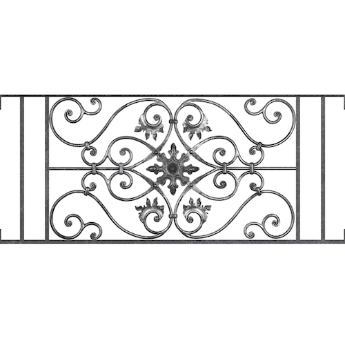 Appui de fenêtre type AF002 à visser dans votre tableau de fenêtre. Longueur finie de 1160mm et Hauteur finie de 502mm. Convient pour les tableaux de fenêtre de 1160mm. Main courante laminée de 1160mm de long en fer forgé sur le dessus. Motif au centre de 830mm de long par 480mm de haut. Le reste de la structure est en acier carré plein de 14mm de section.