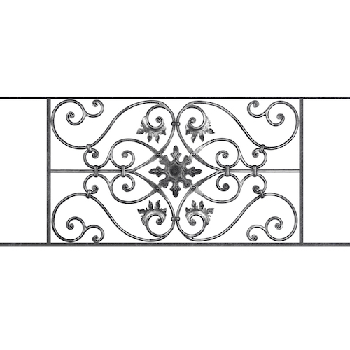 Appui de fenêtre type AF002 à sceller dans votre tableau de fenêtre. Longueur finie de 1170mm et Hauteur finie de 502mm. Convient pour les tableaux de fenêtre de 1070mm. 50mm de scellement sont prévue de chaque côté. Main courante laminée de 1070mm de long en fer forgé sur le dessus. Motif au centre de 830mm de long par 480mm de haut. Le reste de la structure est en acier carré plein de 14mm de section.