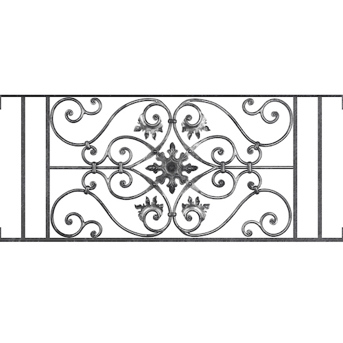 Appui de fenêtre type AF002 à visser dans votre tableau de fenêtre. Longueur finie de 1170mm et Hauteur finie de 502mm. Convient pour les tableaux de fenêtre de 1170mm. Main courante laminée de 1170mm de long en fer forgé sur le dessus. Motif au centre de 830mm de long par 480mm de haut. Le reste de la structure est en acier carré plein de 14mm de section.