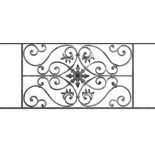 Appui de fenêtre type AF002 à sceller dans votre tableau de fenêtre. Longueur finie de 1180mm et Hauteur finie de 502mm. Convient pour les tableaux de fenêtre de 1080mm. 50mm de scellement sont prévue de chaque côté. Main courante laminée de 1080mm de long en fer forgé sur le dessus. Motif au centre de 830mm de long par 480mm de haut. Le reste de la structure est en acier carré plein de 14mm de section.