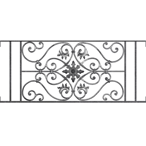 Appui de fenêtre type AF002 à visser dans votre tableau de fenêtre. Longueur finie de 1180mm et Hauteur finie de 502mm. Convient pour les tableaux de fenêtre de 1180mm. Main courante laminée de 1180mm de long en fer forgé sur le dessus. Motif au centre de 830mm de long par 480mm de haut. Le reste de la structure est en acier carré plein de 14mm de section.