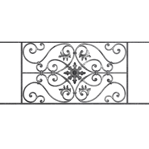 Appui de fenêtre type AF002 à sceller dans votre tableau de fenêtre. Longueur finie de 1190mm et Hauteur finie de 502mm. Convient pour les tableaux de fenêtre de 1090mm. 50mm de scellement sont prévue de chaque côté. Main courante laminée de 1090mm de long en fer forgé sur le dessus. Motif au centre de 830mm de long par 480mm de haut. Le reste de la structure est en acier carré plein de 14mm de section.