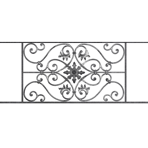 Appui de fenêtre type AF002 à sceller dans votre tableau de fenêtre. Longueur finie de 1210mm et Hauteur finie de 502mm. Convient pour les tableaux de fenêtre de 1110mm. 50mm de scellement sont prévue de chaque côté. Main courante laminée de 1110mm de long en fer forgé sur le dessus. Motif au centre de 830mm de long par 480mm de haut. Le reste de la structure est en acier carré plein de 14mm de section.