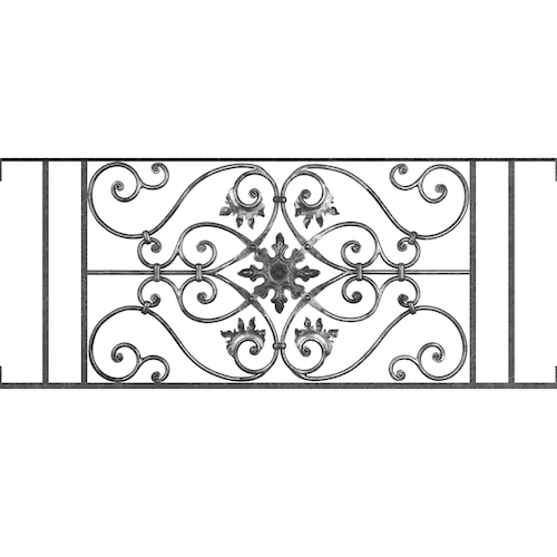 Appui de fenêtre type AF002 à visser dans votre tableau de fenêtre. Longueur finie de 1210mm et Hauteur finie de 502mm. Convient pour les tableaux de fenêtre de 1210mm. Main courante laminée de 1210mm de long en fer forgé sur le dessus. Motif au centre de 830mm de long par 480mm de haut. Le reste de la structure est en acier carré plein de 14mm de section.