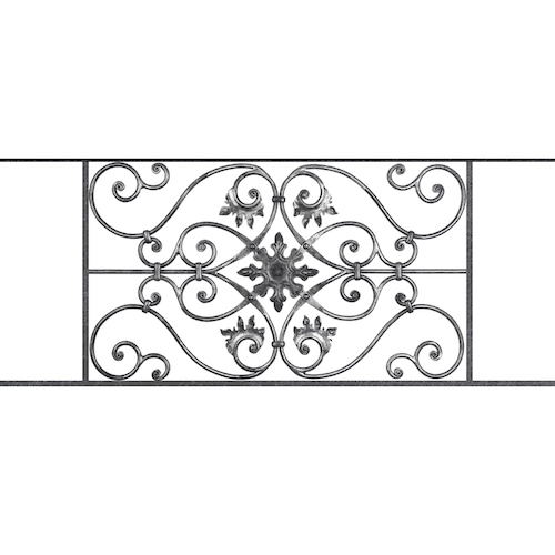 Appui de fenêtre type AF002 à sceller dans votre tableau de fenêtre. Longueur finie de 1220mm et Hauteur finie de 502mm. Convient pour les tableaux de fenêtre de 1120mm. 50mm de scellement sont prévue de chaque côté. Main courante laminée de 1120mm de long en fer forgé sur le dessus. Motif au centre de 830mm de long par 480mm de haut. Le reste de la structure est en acier carré plein de 14mm de section.