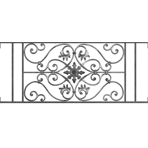 Appui de fenêtre type AF002 à visser dans votre tableau de fenêtre. Longueur finie de 1220mm et Hauteur finie de 502mm. Convient pour les tableaux de fenêtre de 1220mm. Main courante laminée de 1220mm de long en fer forgé sur le dessus. Motif au centre de 830mm de long par 480mm de haut. Le reste de la structure est en acier carré plein de 14mm de section.