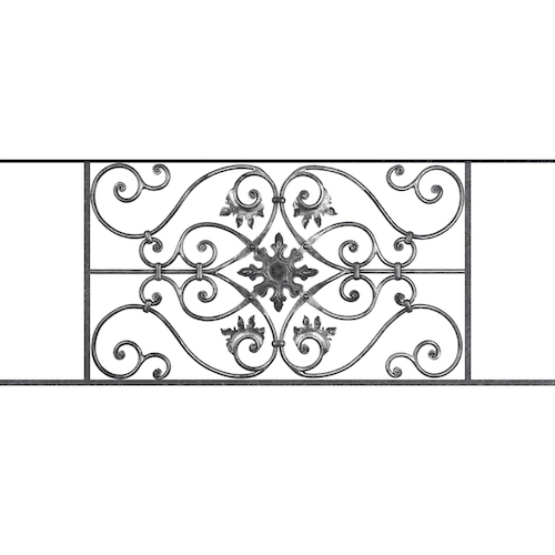 Appui de fenêtre type AF002 à sceller dans votre tableau de fenêtre. Longueur finie de 1230mm et Hauteur finie de 502mm. Convient pour les tableaux de fenêtre de 1130mm. 50mm de scellement sont prévue de chaque côté. Main courante laminée de 1130mm de long en fer forgé sur le dessus. Motif au centre de 830mm de long par 480mm de haut. Le reste de la structure est en acier carré plein de 14mm de section.