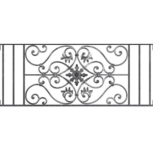 Appui de fenêtre type AF002 à visser dans votre tableau de fenêtre. Longueur finie de 1230mm et Hauteur finie de 502mm. Convient pour les tableaux de fenêtre de 1230mm. Main courante laminée de 1230mm de long en fer forgé sur le dessus. Motif au centre de 830mm de long par 480mm de haut. Le reste de la structure est en acier carré plein de 14mm de section.