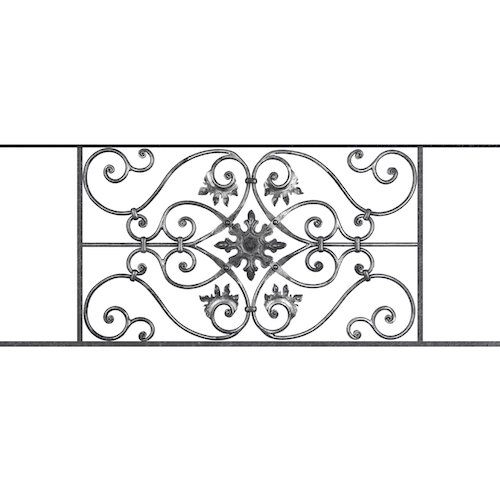 Appui de fenêtre type AF002 à sceller dans votre tableau de fenêtre. Longueur finie de 1240mm et Hauteur finie de 502mm. Convient pour les tableaux de fenêtre de 1140mm. 50mm de scellement sont prévue de chaque côté. Main courante laminée de 1140mm de long en fer forgé sur le dessus. Motif au centre de 830mm de long par 480mm de haut. Le reste de la structure est en acier carré plein de 14mm de section.