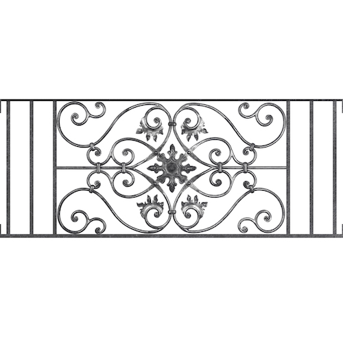 Appui de fenêtre type AF002 à visser dans votre tableau de fenêtre. Longueur finie de 1240mm et Hauteur finie de 502mm. Convient pour les tableaux de fenêtre de 1240mm. Main courante laminée de 1240mm de long en fer forgé sur le dessus. Motif au centre de 830mm de long par 480mm de haut. Le reste de la structure est en acier carré plein de 14mm de section.
