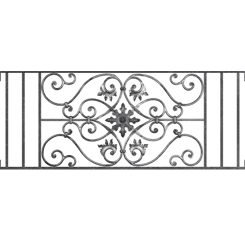 Appui de fenêtre type AF002 à visser dans votre tableau de fenêtre. Longueur finie de 1250mm et Hauteur finie de 502mm. Convient pour les tableaux de fenêtre de 1250mm. Main courante laminée de 1250mm de long en fer forgé sur le dessus. Motif au centre de 830mm de long par 480mm de haut. Le reste de la structure est en acier carré plein de 14mm de section.