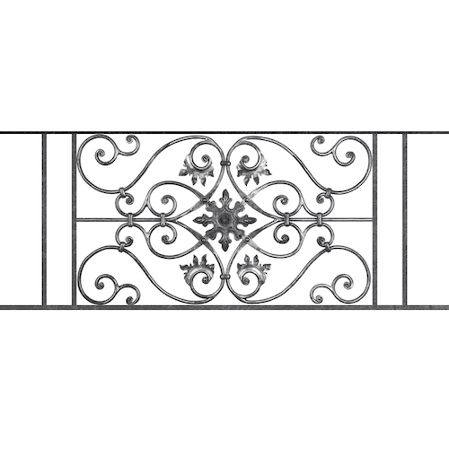 Appui de fenêtre type AF002 à sceller dans votre tableau de fenêtre. Longueur finie de 1260mm et Hauteur finie de 502mm. Convient pour les tableaux de fenêtre de 1160mm. 50mm de scellement sont prévue de chaque côté. Main courante laminée de 1160mm de long en fer forgé sur le dessus. Motif au centre de 830mm de long par 480mm de haut. Le reste de la structure est en acier carré plein de 14mm de section.