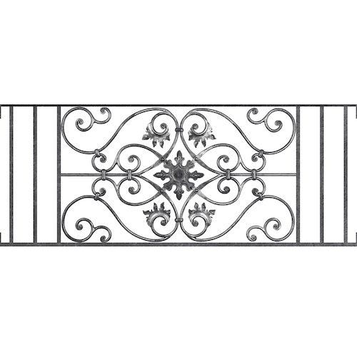 Appui de fenêtre type AF002 à visser dans votre tableau de fenêtre. Longueur finie de 1260mm et Hauteur finie de 502mm. Convient pour les tableaux de fenêtre de 1260mm. Main courante laminée de 1260mm de long en fer forgé sur le dessus. Motif au centre de 830mm de long par 480mm de haut. Le reste de la structure est en acier carré plein de 14mm de section.