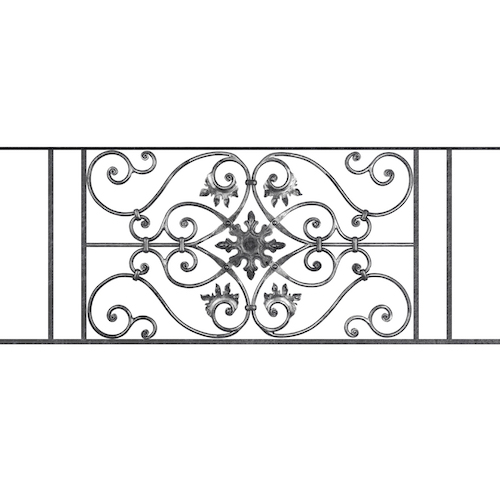 Appui de fenêtre type AF002 à sceller dans votre tableau de fenêtre. Longueur finie de 1270mm et Hauteur finie de 502mm. Convient pour les tableaux de fenêtre de 1170mm. 50mm de scellement sont prévue de chaque côté. Main courante laminée de 1170mm de long en fer forgé sur le dessus. Motif au centre de 830mm de long par 480mm de haut. Le reste de la structure est en acier carré plein de 14mm de section.