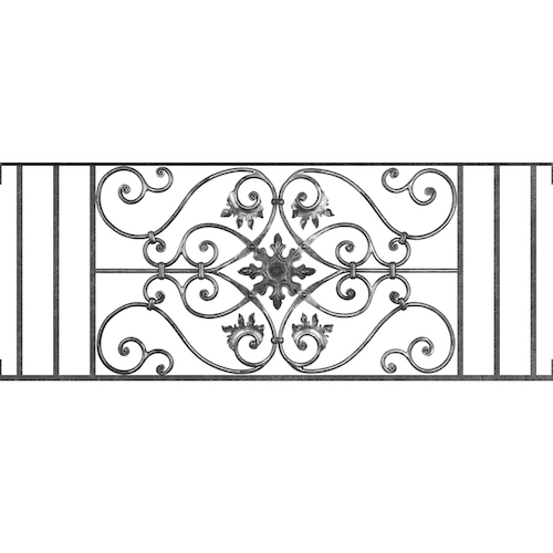 Appui de fenêtre type AF002 à visser dans votre tableau de fenêtre. Longueur finie de 1270mm et Hauteur finie de 502mm. Convient pour les tableaux de fenêtre de 1270mm. Main courante laminée de 1270mm de long en fer forgé sur le dessus. Motif au centre de 830mm de long par 480mm de haut. Le reste de la structure est en acier carré plein de 14mm de section.