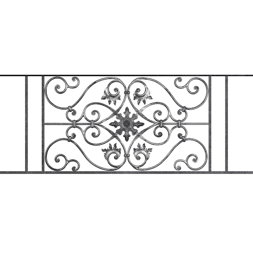 Appui de fenêtre type AF002 à sceller dans votre tableau de fenêtre. Longueur finie de 1280mm et Hauteur finie de 502mm. Convient pour les tableaux de fenêtre de 1180mm. 50mm de scellement sont prévue de chaque côté. Main courante laminée de 1180mm de long en fer forgé sur le dessus. Motif au centre de 830mm de long par 480mm de haut. Le reste de la structure est en acier carré plein de 14mm de section.