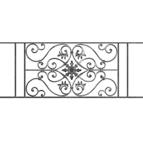 Appui de fenêtre type AF002 à sceller dans votre tableau de fenêtre. Longueur finie de 1290mm et Hauteur finie de 502mm. Convient pour les tableaux de fenêtre de 1190mm. 50mm de scellement sont prévue de chaque côté. Main courante laminée de 1190mm de long en fer forgé sur le dessus. Motif au centre de 830mm de long par 480mm de haut. Le reste de la structure est en acier carré plein de 14mm de section.