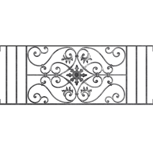 Appui de fenêtre type AF002 à visser dans votre tableau de fenêtre. Longueur finie de 1290mm et Hauteur finie de 502mm. Convient pour les tableaux de fenêtre de 1290mm. Main courante laminée de 1290mm de long en fer forgé sur le dessus. Motif au centre de 830mm de long par 480mm de haut. Le reste de la structure est en acier carré plein de 14mm de section.