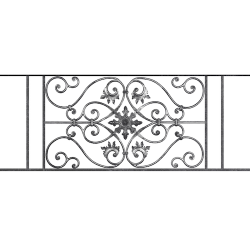Appui de fenêtre type AF002 à sceller dans votre tableau de fenêtre. Longueur finie de 1300mm et Hauteur finie de 502mm. Convient pour les tableaux de fenêtre de 1200mm. 50mm de scellement sont prévue de chaque côté. Main courante laminée de 1200mm de long en fer forgé sur le dessus. Motif au centre de 830mm de long par 480mm de haut. Le reste de la structure est en acier carré plein de 14mm de section.