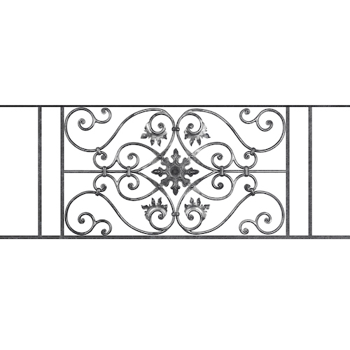 Appui de fenêtre type AF002 à sceller dans votre tableau de fenêtre. Longueur finie de 1310mm et Hauteur finie de 502mm. Convient pour les tableaux de fenêtre de 1210mm. 50mm de scellement sont prévue de chaque côté. Main courante laminée de 1210mm de long en fer forgé sur le dessus. Motif au centre de 830mm de long par 480mm de haut. Le reste de la structure est en acier carré plein de 14mm de section.