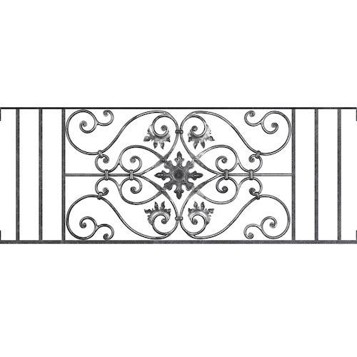 Appui de fenêtre type AF002 à visser dans votre tableau de fenêtre. Longueur finie de 1310mm et Hauteur finie de 502mm. Convient pour les tableaux de fenêtre de 1310mm. Main courante laminée de 1310mm de long en fer forgé sur le dessus. Motif au centre de 830mm de long par 480mm de haut. Le reste de la structure est en acier carré plein de 14mm de section.