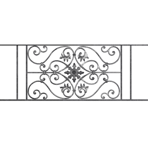 Appui de fenêtre type AF002 à sceller dans votre tableau de fenêtre. Longueur finie de 1320mm et Hauteur finie de 502mm. Convient pour les tableaux de fenêtre de 1220mm. 50mm de scellement sont prévue de chaque côté. Main courante laminée de 1220mm de long en fer forgé sur le dessus. Motif au centre de 830mm de long par 480mm de haut. Le reste de la structure est en acier carré plein de 14mm de section.