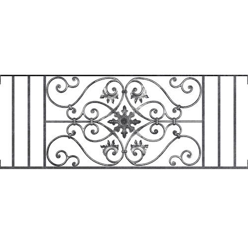 Appui de fenêtre type AF002 à visser dans votre tableau de fenêtre. Longueur finie de 1320mm et Hauteur finie de 502mm. Convient pour les tableaux de fenêtre de 1320mm. Main courante laminée de 1320mm de long en fer forgé sur le dessus. Motif au centre de 830mm de long par 480mm de haut. Le reste de la structure est en acier carré plein de 14mm de section.