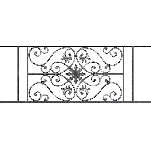 Appui de fenêtre type AF002 à sceller dans votre tableau de fenêtre. Longueur finie de 1330mm et Hauteur finie de 502mm. Convient pour les tableaux de fenêtre de 1230mm. 50mm de scellement sont prévue de chaque côté. Main courante laminée de 1230mm de long en fer forgé sur le dessus. Motif au centre de 830mm de long par 480mm de haut. Le reste de la structure est en acier carré plein de 14mm de section.