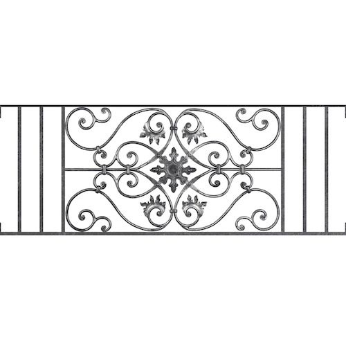 Appui de fenêtre type AF002 à visser dans votre tableau de fenêtre. Longueur finie de 1330mm et Hauteur finie de 502mm. Convient pour les tableaux de fenêtre de 1330mm. Main courante laminée de 1330mm de long en fer forgé sur le dessus. Motif au centre de 830mm de long par 480mm de haut. Le reste de la structure est en acier carré plein de 14mm de section.