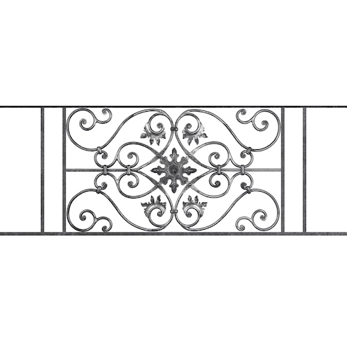 Appui de fenêtre type AF002 à sceller dans votre tableau de fenêtre. Longueur finie de 1340mm et Hauteur finie de 502mm. Convient pour les tableaux de fenêtre de 1240mm. 50mm de scellement sont prévue de chaque côté. Main courante laminée de 1240mm de long en fer forgé sur le dessus. Motif au centre de 830mm de long par 480mm de haut. Le reste de la structure est en acier carré plein de 14mm de section.
