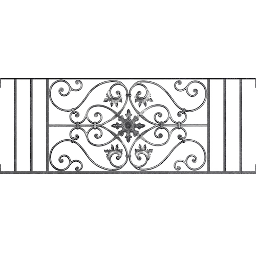 Appui de fenêtre type AF002 à visser dans votre tableau de fenêtre. Longueur finie de 1340mm et Hauteur finie de 502mm. Convient pour les tableaux de fenêtre de 1340mm. Main courante laminée de 1340mm de long en fer forgé sur le dessus. Motif au centre de 830mm de long par 480mm de haut. Le reste de la structure est en acier carré plein de 14mm de section.