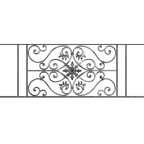 Appui de fenêtre type AF002 à sceller dans votre tableau de fenêtre. Longueur finie de 1350mm et Hauteur finie de 502mm. Convient pour les tableaux de fenêtre de 1250mm. 50mm de scellement sont prévue de chaque côté. Main courante laminée de 1250mm de long en fer forgé sur le dessus. Motif au centre de 830mm de long par 480mm de haut. Le reste de la structure est en acier carré plein de 14mm de section.
