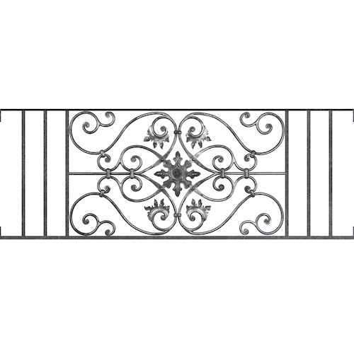 Appui de fenêtre type AF002 à visser dans votre tableau de fenêtre. Longueur finie de 1360mm et Hauteur finie de 502mm. Convient pour les tableaux de fenêtre de 1360mm. Main courante laminée de 1360mm de long en fer forgé sur le dessus. Motif au centre de 830mm de long par 480mm de haut. Le reste de la structure est en acier carré plein de 14mm de section.