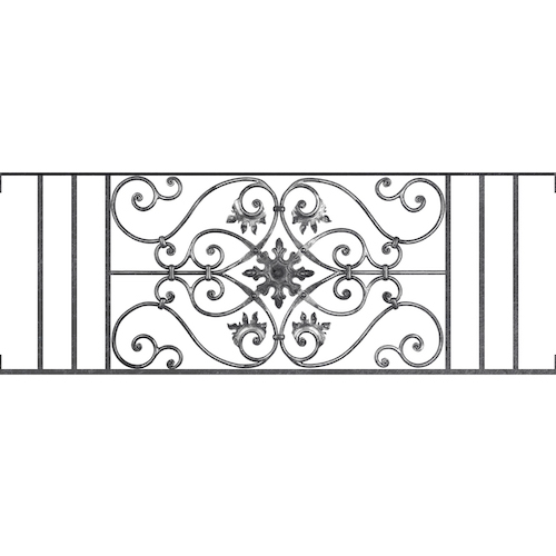 Appui de fenêtre type AF002 à visser dans votre tableau de fenêtre. Longueur finie de 1380mm et Hauteur finie de 502mm. Convient pour les tableaux de fenêtre de 1380mm. Main courante laminée de 1380mm de long en fer forgé sur le dessus. Motif au centre de 830mm de long par 480mm de haut. Le reste de la structure est en acier carré plein de 14mm de section.