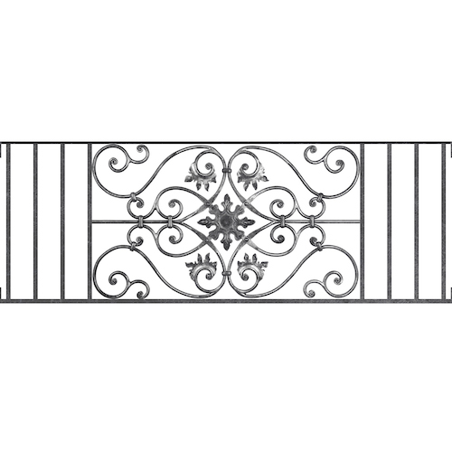 Appui de fenêtre type AF002 à visser dans votre tableau de fenêtre. Longueur finie de 1400mm et Hauteur finie de 502mm. Convient pour les tableaux de fenêtre de 1400mm. Main courante laminée de 1400mm de long en fer forgé sur le dessus. Motif au centre de 830mm de long par 480mm de haut. Le reste de la structure est en acier carré plein de 14mm de section.