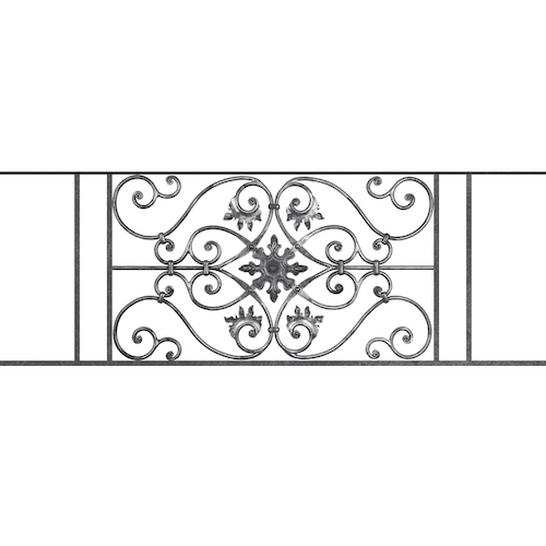 Appui de fenêtre type AF002 à sceller dans votre tableau de fenêtre. Longueur finie de 1410mm et Hauteur finie de 502mm. Convient pour les tableaux de fenêtre de 1310mm. 50mm de scellement sont prévue de chaque côté. Main courante laminée de 1310mm de long en fer forgé sur le dessus. Motif au centre de 830mm de long par 480mm de haut. Le reste de la structure est en acier carré plein de 14mm de section.