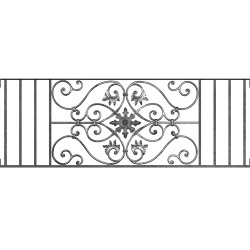 Appui de fenêtre type AF002 à visser dans votre tableau de fenêtre. Longueur finie de 1410mm et Hauteur finie de 502mm. Convient pour les tableaux de fenêtre de 1410mm. Main courante laminée de 1410mm de long en fer forgé sur le dessus. Motif au centre de 830mm de long par 480mm de haut. Le reste de la structure est en acier carré plein de 14mm de section.
