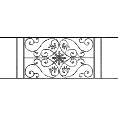 Appui de fenêtre type AF002 à sceller dans votre tableau de fenêtre. Longueur finie de 1420mm et Hauteur finie de 502mm. Convient pour les tableaux de fenêtre de 1320mm. 50mm de scellement sont prévue de chaque côté. Main courante laminée de 1320mm de long en fer forgé sur le dessus. Motif au centre de 830mm de long par 480mm de haut. Le reste de la structure est en acier carré plein de 14mm de section.
