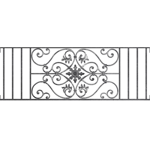 Appui de fenêtre type AF002 à visser dans votre tableau de fenêtre. Longueur finie de 1420mm et Hauteur finie de 502mm. Convient pour les tableaux de fenêtre de 1420mm. Main courante laminée de 1420mm de long en fer forgé sur le dessus. Motif au centre de 830mm de long par 480mm de haut. Le reste de la structure est en acier carré plein de 14mm de section.
