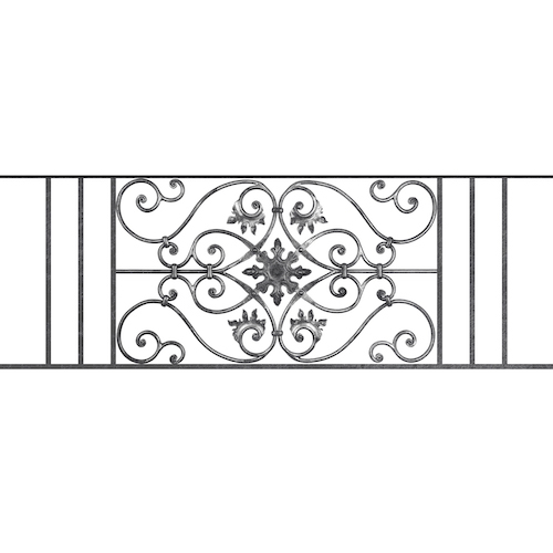 Appui de fenêtre type AF002 à sceller dans votre tableau de fenêtre. Longueur finie de 1430mm et Hauteur finie de 502mm. Convient pour les tableaux de fenêtre de 1330mm. 50mm de scellement sont prévue de chaque côté. Main courante laminée de 1330mm de long en fer forgé sur le dessus. Motif au centre de 830mm de long par 480mm de haut. Le reste de la structure est en acier carré plein de 14mm de section.