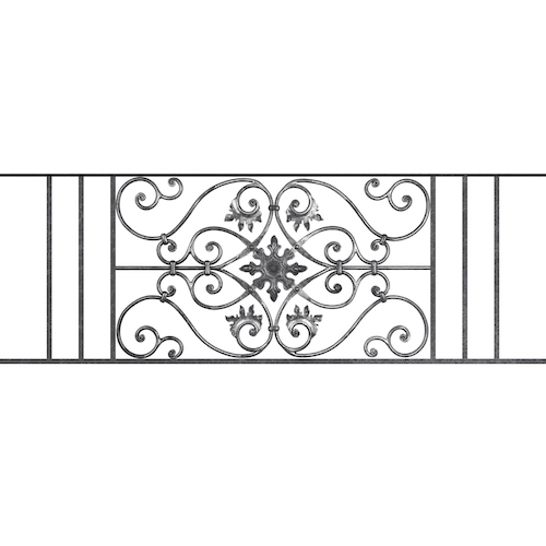 Appui de fenêtre type AF002 à sceller dans votre tableau de fenêtre. Longueur finie de 1440mm et Hauteur finie de 502mm. Convient pour les tableaux de fenêtre de 1340mm. 50mm de scellement sont prévue de chaque côté. Main courante laminée de 1340mm de long en fer forgé sur le dessus. Motif au centre de 830mm de long par 480mm de haut. Le reste de la structure est en acier carré plein de 14mm de section.