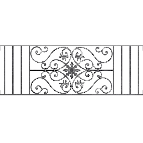 Appui de fenêtre type AF002 à visser dans votre tableau de fenêtre. Longueur finie de 1440mm et Hauteur finie de 502mm. Convient pour les tableaux de fenêtre de 1440mm. Main courante laminée de 1440mm de long en fer forgé sur le dessus. Motif au centre de 830mm de long par 480mm de haut. Le reste de la structure est en acier carré plein de 14mm de section.