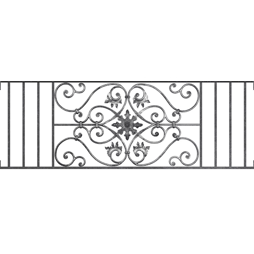 Appui de fenêtre type AF002 à visser dans votre tableau de fenêtre. Longueur finie de 1450mm et Hauteur finie de 502mm. Convient pour les tableaux de fenêtre de 1450mm. Main courante laminée de 1450mm de long en fer forgé sur le dessus. Motif au centre de 830mm de long par 480mm de haut. Le reste de la structure est en acier carré plein de 14mm de section.