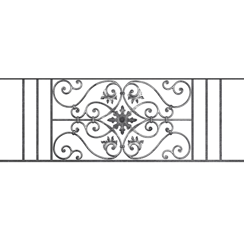 Appui de fenêtre type AF002 à sceller dans votre tableau de fenêtre. Longueur finie de 1460mm et Hauteur finie de 502mm. Convient pour les tableaux de fenêtre de 1360mm. 50mm de scellement sont prévue de chaque côté. Main courante laminée de 1360mm de long en fer forgé sur le dessus. Motif au centre de 830mm de long par 480mm de haut. Le reste de la structure est en acier carré plein de 14mm de section.