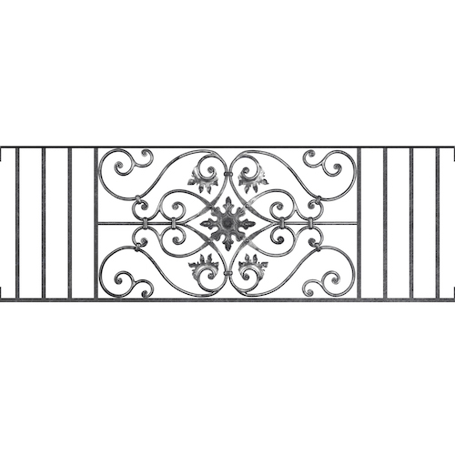 Appui de fenêtre type AF002 à visser dans votre tableau de fenêtre. Longueur finie de 1460mm et Hauteur finie de 502mm. Convient pour les tableaux de fenêtre de 1460mm. Main courante laminée de 1460mm de long en fer forgé sur le dessus. Motif au centre de 830mm de long par 480mm de haut. Le reste de la structure est en acier carré plein de 14mm de section.