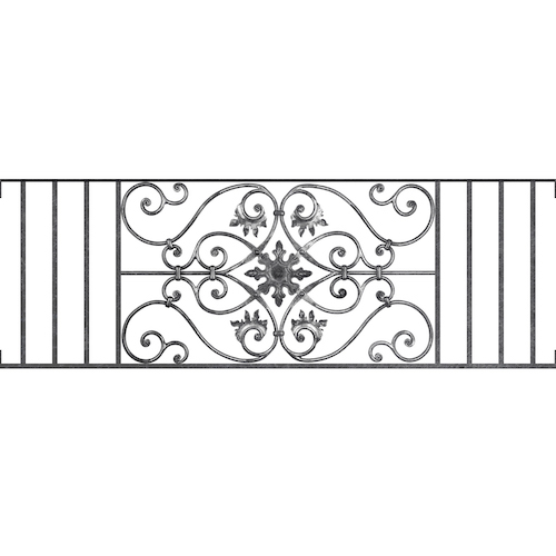 Appui de fenêtre type AF002 à visser dans votre tableau de fenêtre. Longueur finie de 1470mm et Hauteur finie de 502mm. Convient pour les tableaux de fenêtre de 1470mm. Main courante laminée de 1470mm de long en fer forgé sur le dessus. Motif au centre de 830mm de long par 480mm de haut. Le reste de la structure est en acier carré plein de 14mm de section.