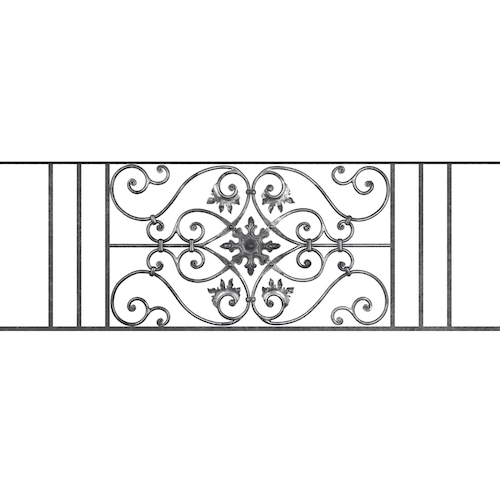 Appui de fenêtre type AF002 à sceller dans votre tableau de fenêtre. Longueur finie de 1480mm et Hauteur finie de 502mm. Convient pour les tableaux de fenêtre de 1380mm. 50mm de scellement sont prévue de chaque côté. Main courante laminée de 1380mm de long en fer forgé sur le dessus. Motif au centre de 830mm de long par 480mm de haut. Le reste de la structure est en acier carré plein de 14mm de section.
