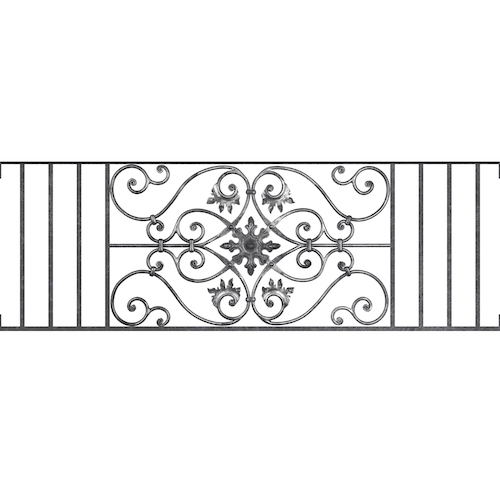 Appui de fenêtre type AF002 à visser dans votre tableau de fenêtre. Longueur finie de 1480mm et Hauteur finie de 502mm. Convient pour les tableaux de fenêtre de 1480mm. Main courante laminée de 1480mm de long en fer forgé sur le dessus. Motif au centre de 830mm de long par 480mm de haut. Le reste de la structure est en acier carré plein de 14mm de section.